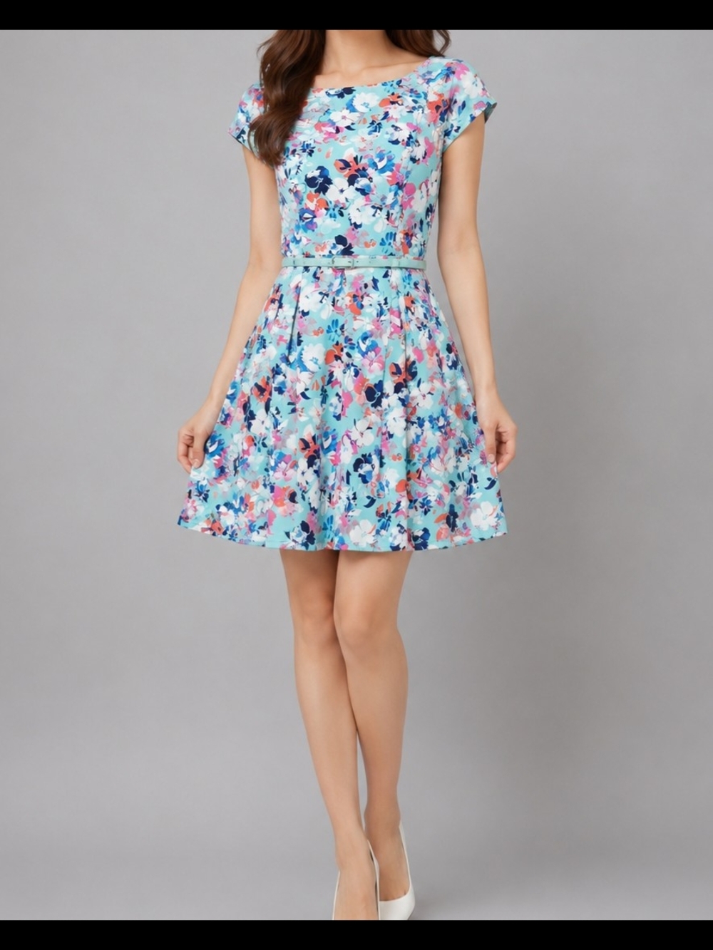 Womens Light Blue Floral Fit-and-Flare Mini Dress W/ Belt Size 9